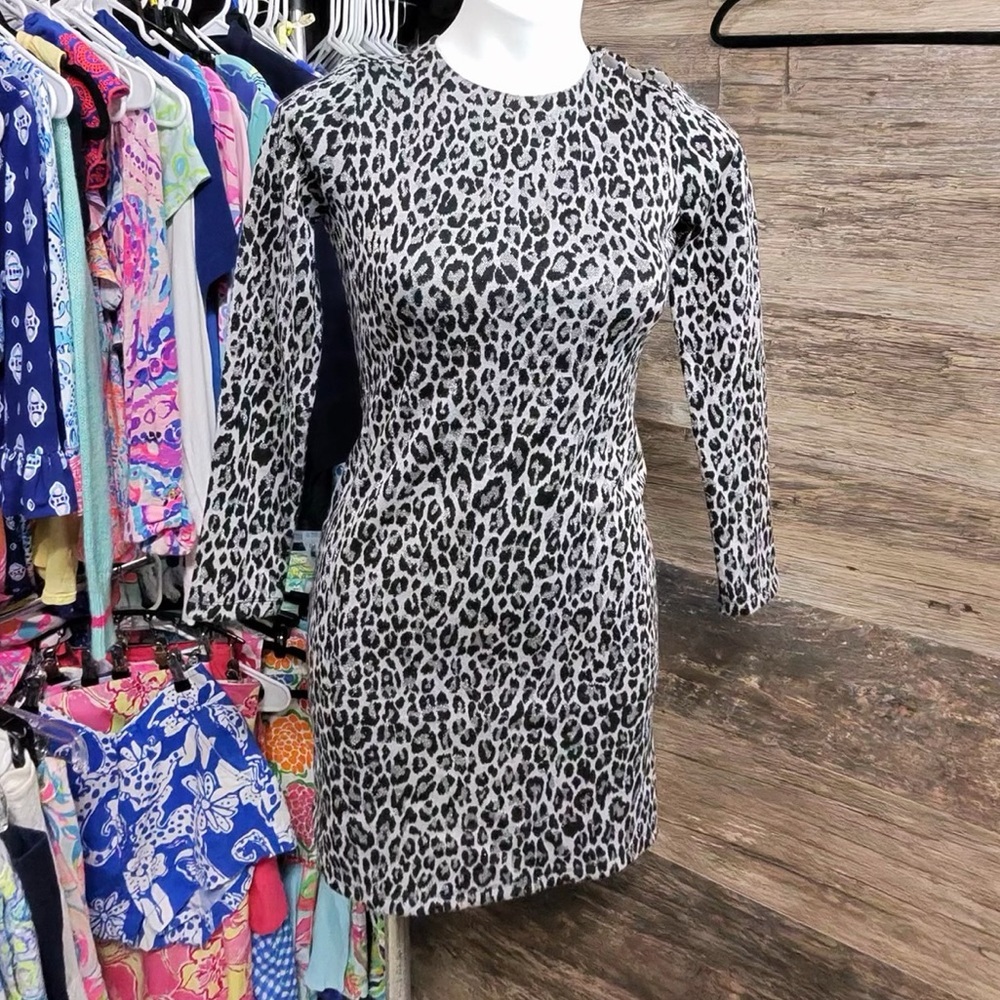 White House Black Market Gray Leopard Long Sleeve Dress